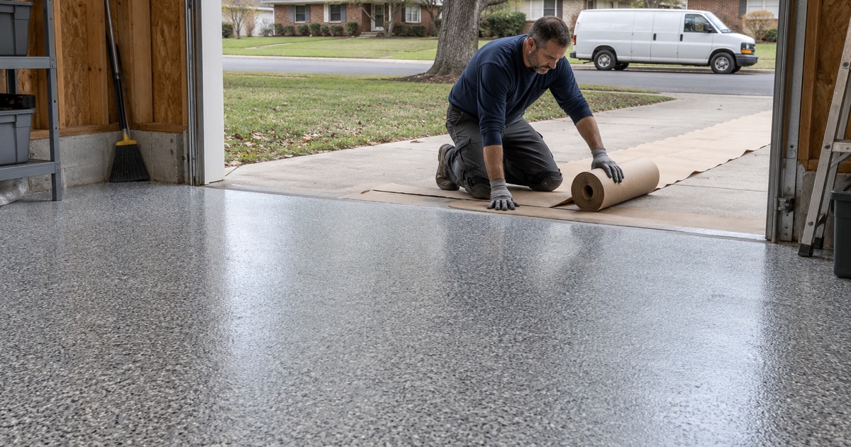 A Des Plaines installer rolling up floor protection at the end of a garage job, the new flake floor behind him.