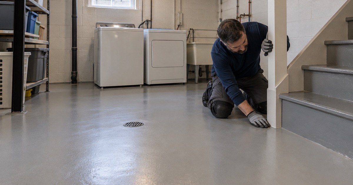 A finished light gray epoxy floor in a Des Plaines basement laundry area, coated cleanly to the stair and the floor drain.
