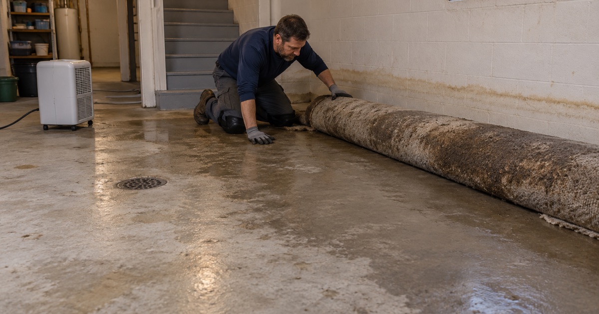 A soaked carpet rolled off a Des Plaines basement floor after river flooding, a water line left on the block wall.