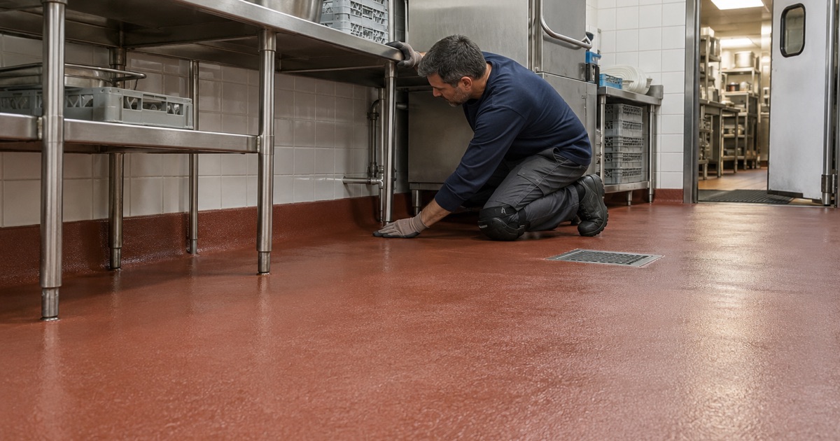 A urethane cement dish room floor in a Des Plaines restaurant, coved at the wall and falling to a floor drain.