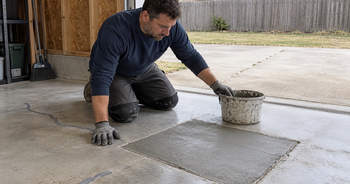A frost-damaged section of a Des Plaines garage slab cut out and filled with repair mortar before coating.