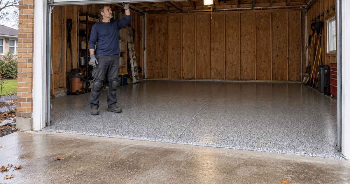 A finished flake epoxy floor in a detached two-car garage behind a Des Plaines brick ranch, the door being lowered at the end of the job.