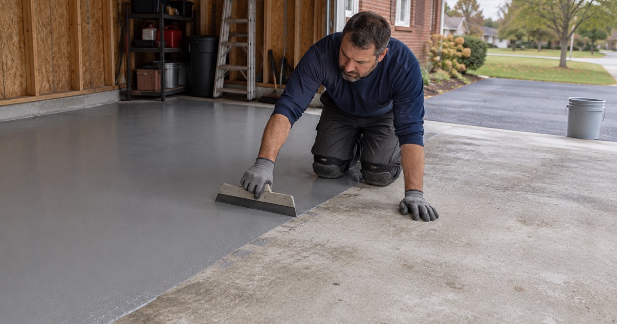 A gray epoxy base coat spread across a ground slab in a detached Des Plaines garage, the wet edge advancing toward the door.