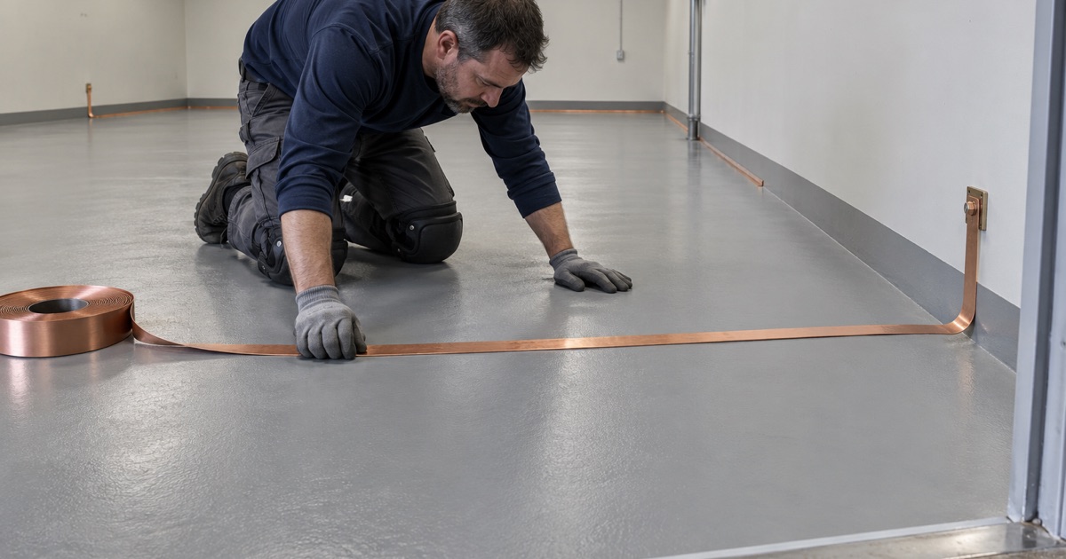 Copper grounding strip being laid on primer before a static-dissipative epoxy goes down in a Des Plaines electronics room.