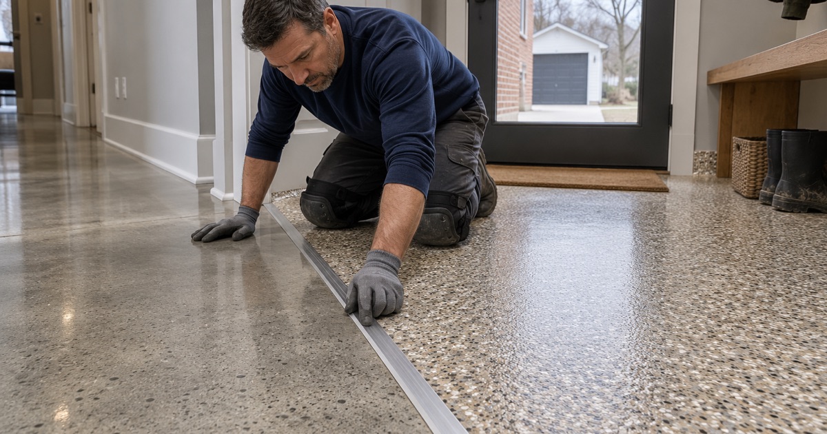 Where a polished concrete hall meets a flake mudroom floor in a Des Plaines house, joined at a metal transition strip.