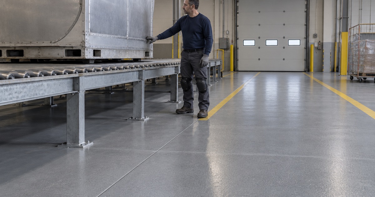 An air cargo container on a roller deck over a coated terminal floor in a Des Plaines freight building at the O’Hare edge.