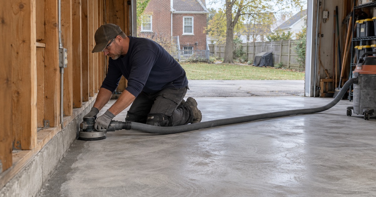 An edge grinder opening the strip along the wall of a Des Plaines garage slab after the main floor has been ground.