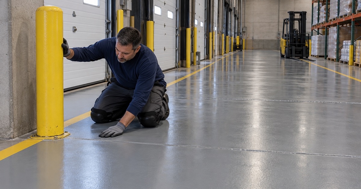 A heavy-duty coated lane in a Des Plaines food distribution warehouse, protected by a yellow steel bollard at the dock.