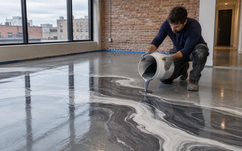 A pearl and charcoal metallic epoxy pour marbling across a downtown Des Plaines loft condominium floor.