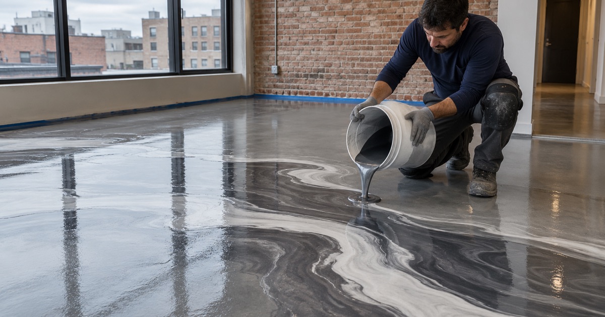 A pearl and charcoal metallic epoxy pour marbling across a downtown Des Plaines loft condominium floor.