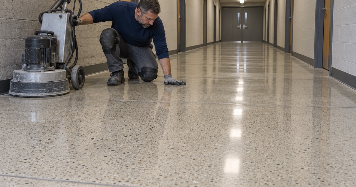 A freshly polished concrete corridor in a Des Plaines college building, the ceiling lights reflected softly in the slab.