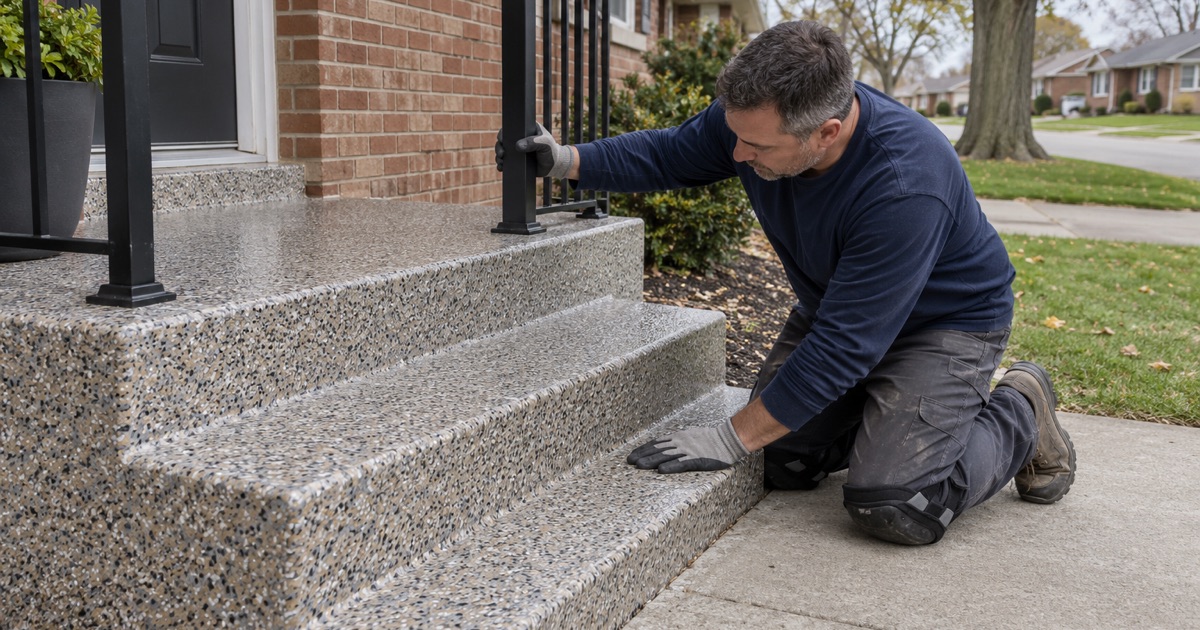 A flake polyaspartic coating on the front stoop and steps of a Des Plaines brick ranch, finished in a single day.